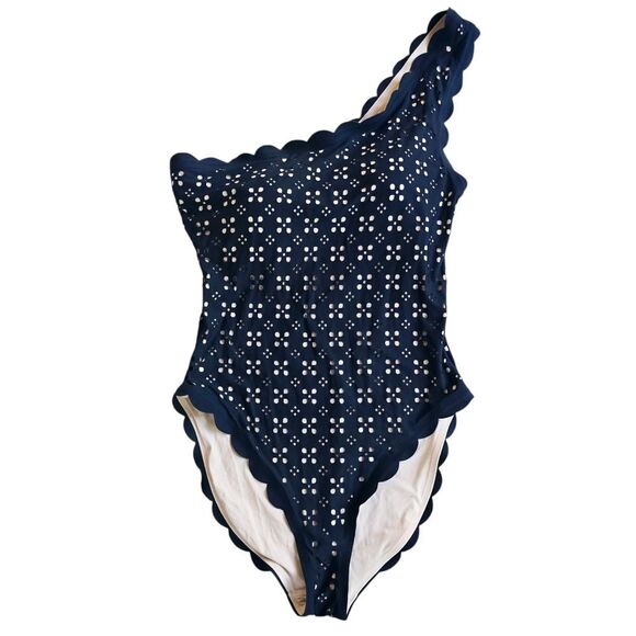 J. Crew Women's Scalloped one-shoulder swimsuit in laser-cut eyelet Navy Size 14 - Picture 5 of 10